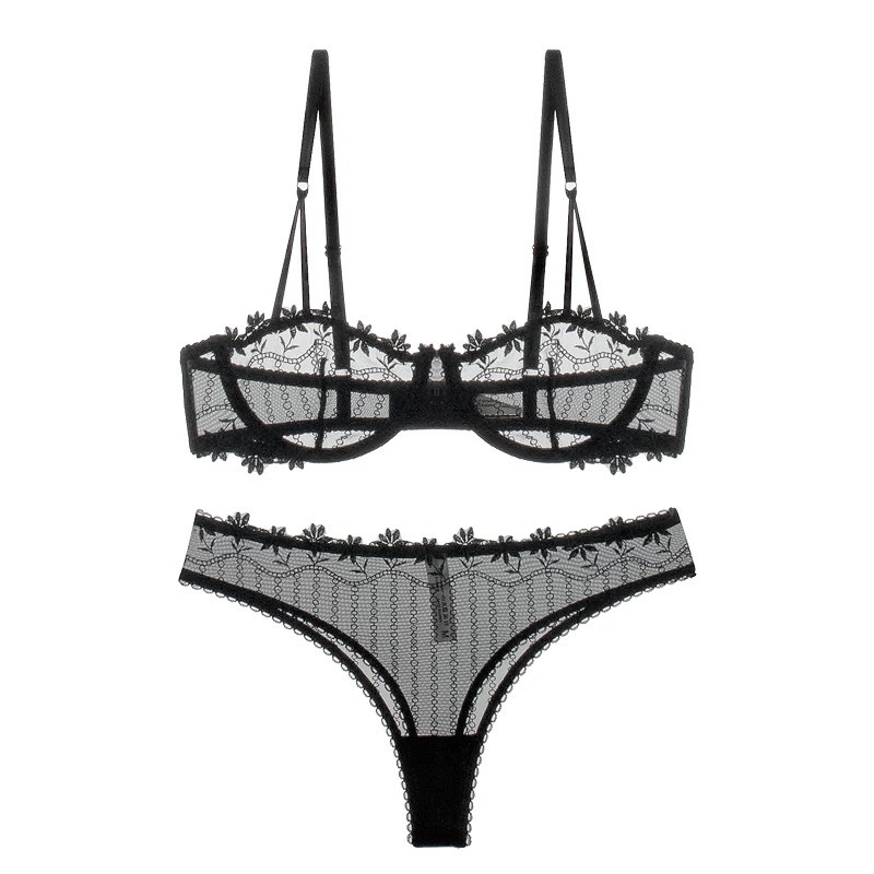 Super Thin Transparent Lace Bra Breathable Sexy Embroidery comfort Set Bow See Through Women Sexy Underwear