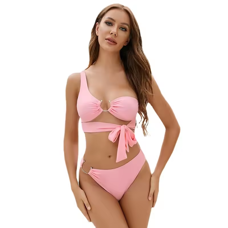 Custom Logo Private Label Swimsuit Pink Color Split Swim Wear Bikini Sexy One Shoulder Bikini Swimsuit