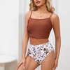 Solid Ruffle Trim Halter Bikini Top with Floral Printed High Waisted Bikini Bottom Beachwear