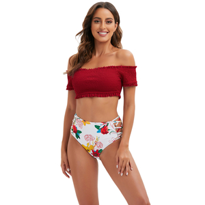 Half-sleeve High Waist 2 Pieces Set Off Shoulder Swimsuit Sehe Fashion