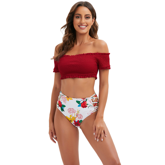 Half-sleeve High Waist 2 Pieces Set Off Shoulder Swimsuit Sehe Fashion