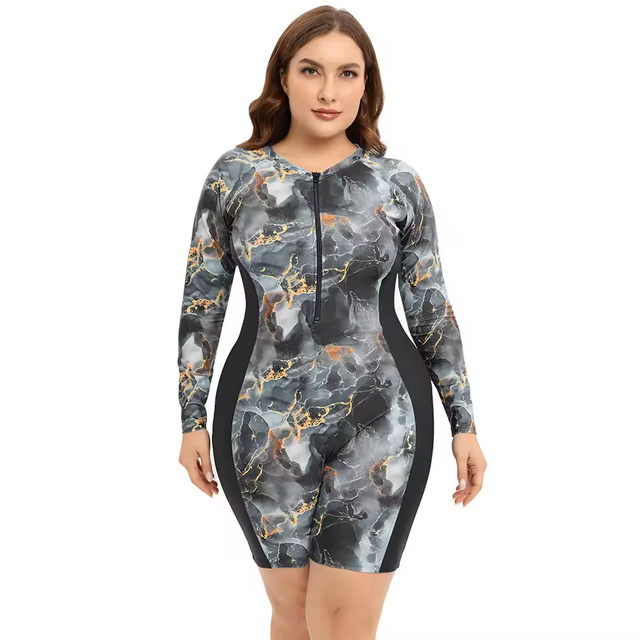 Plus Size One-Piece Swimsuit For Women Modest Print Plus Size Long Sleeve Swimwear