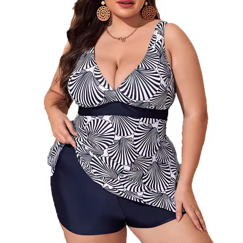 Plus Size Tankini Set Colorblock Two Piece Swimwear Shell Print Swimsuit High Stretch Modest Beach Bathing Suit