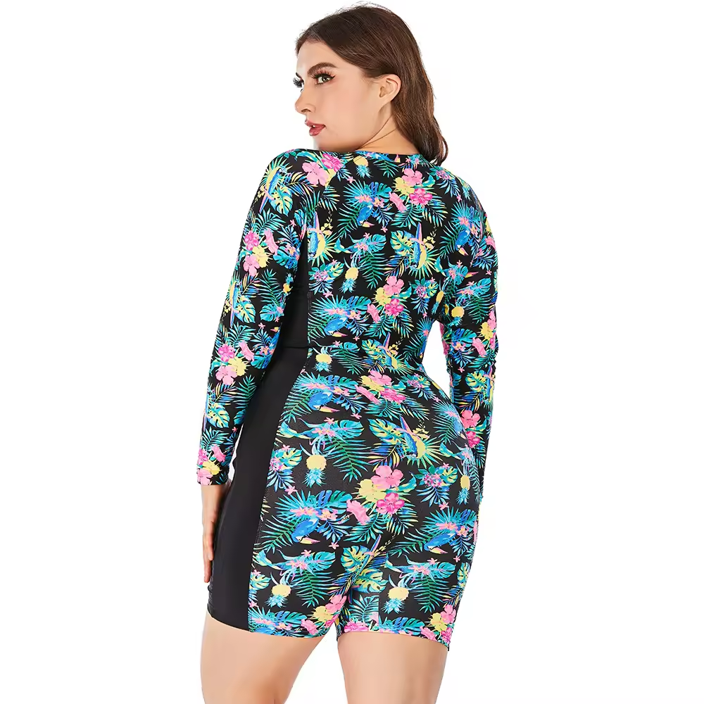 Plus Size One-Piece Swimsuit For Women Modest Print Plus Size Long Sleeve Swimwear
