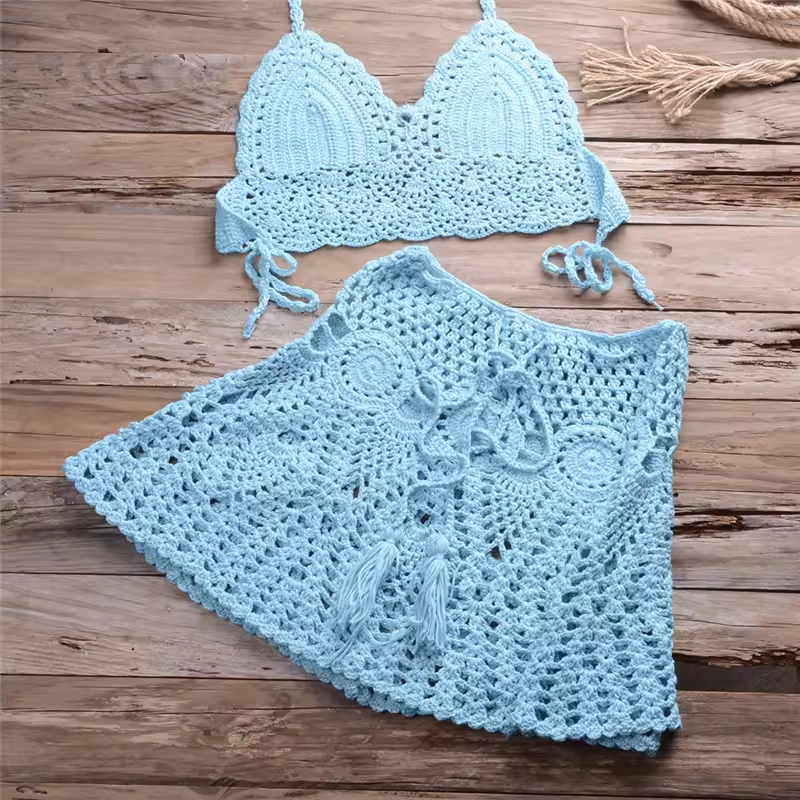 Women High Waist Crochet Swimsuit With Skirt Shell Hollow Out Swimwear Cover Up