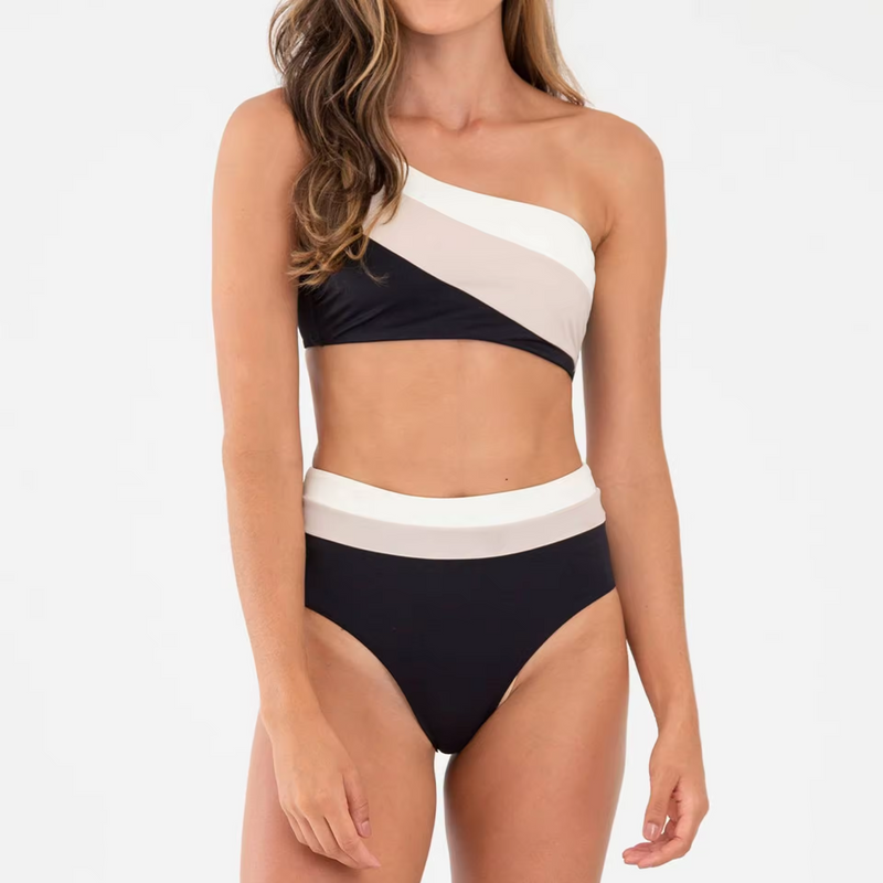  Block Single Shoulder Top Bikini Sets Customized Logo 2pcs Swim Suit