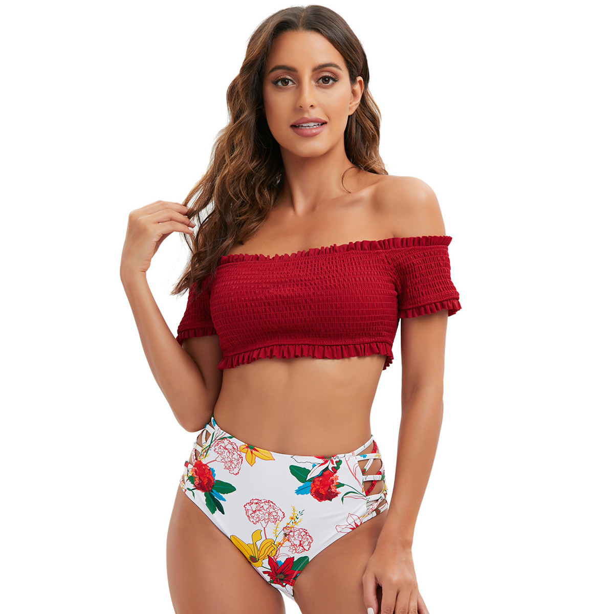 Half-sleeve High Waist 2 Pieces Set Off Shoulder Swimsuit Sehe Fashion