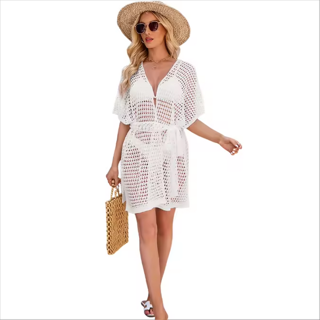 Sexy Hollow Knit Beach Out Holiday Knitted Tops Crochet Bikini Beach Cover Up Women's Tunic