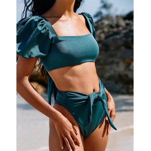 Design Women's Two Pieces Swimsuit Fashion Sexy Bubble Sleeve Solid Color Swimwear Bikini