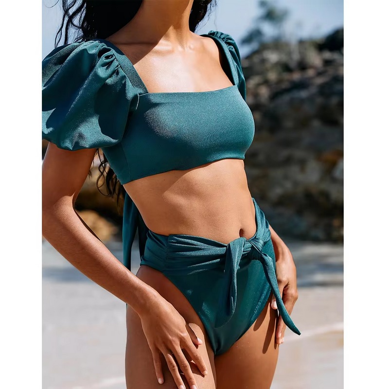 Design Women's Two Pieces Swimsuit Fashion Sexy Bubble Sleeve Solid Color Swimwear Bikini