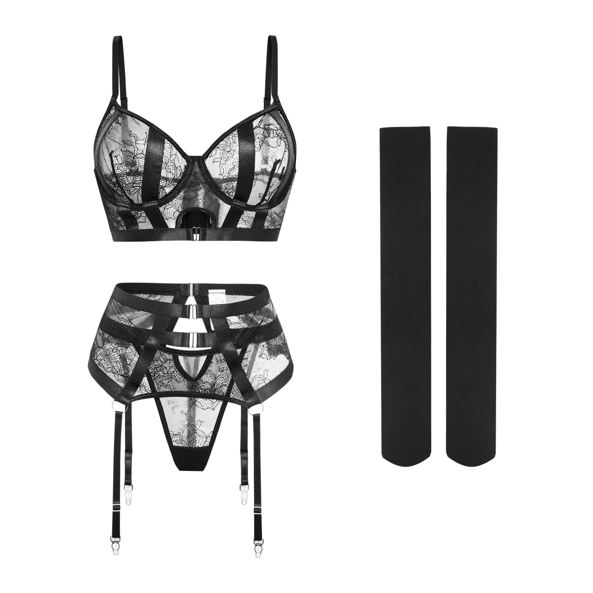  Four-Piece Set for Women Garter Silk Stockings Bra with Steel Ring Lace Alluring Women's Underwear