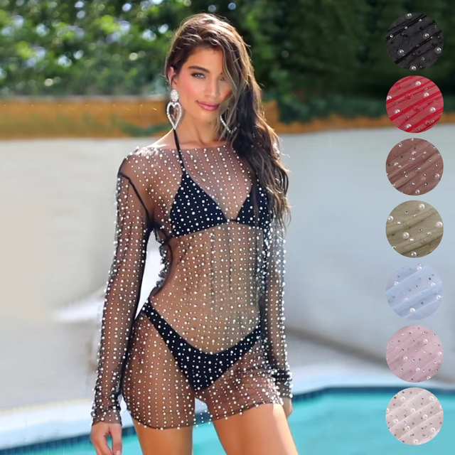 Women Sexy Beach Swimsuit Sheer Rhinestones Mesh Swimming Pool Swimwear Cover Up