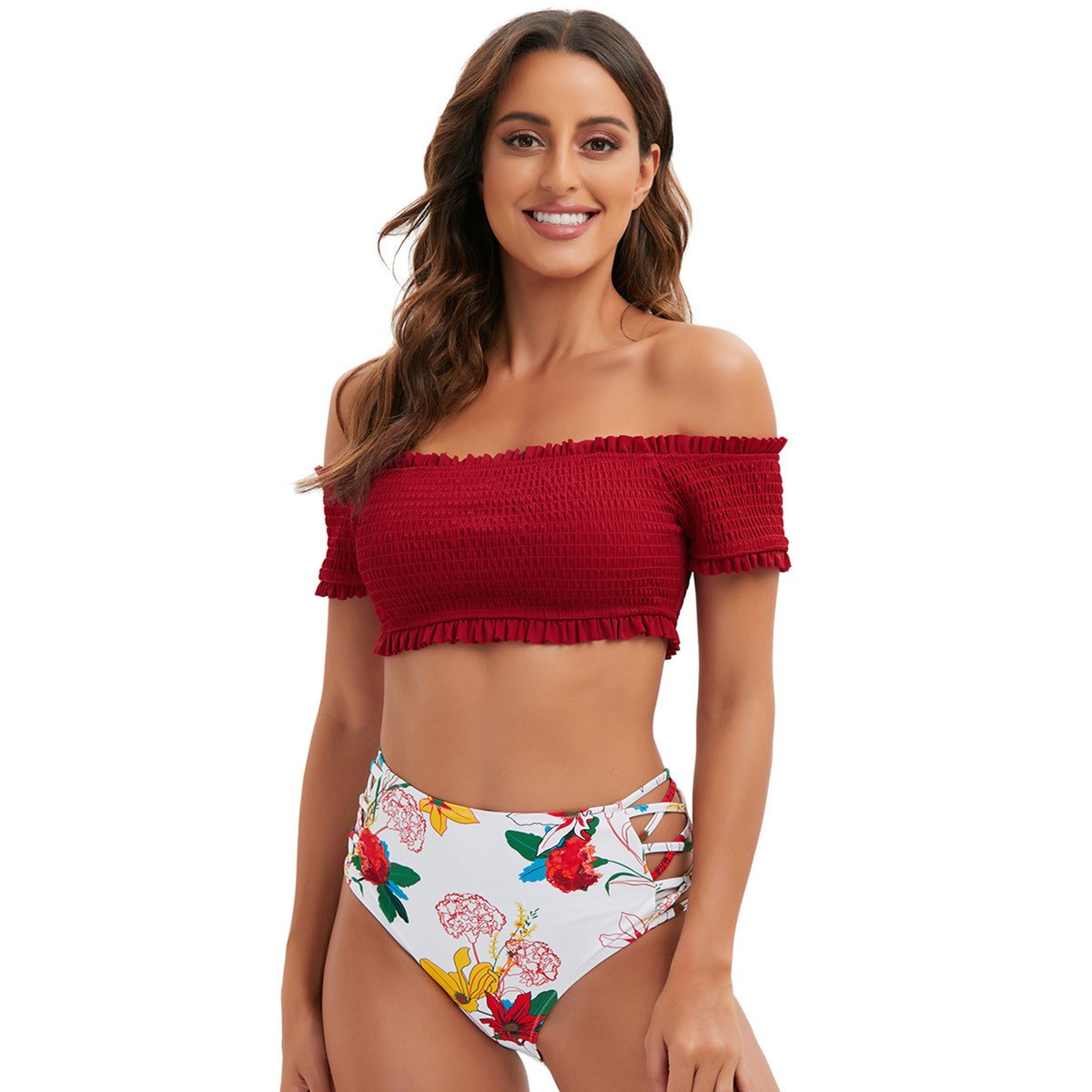 Half-sleeve High Waist 2 Pieces Set Off Shoulder Swimsuit Sehe Fashion