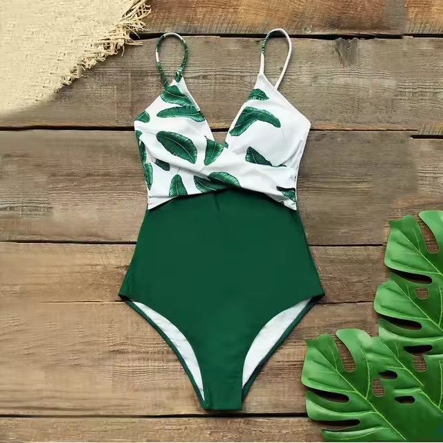  Girls Beach Bathing Suit Swimwear Banana Leaf Twist-Front Swimsuit Women Sexy V-neck Padded Cups