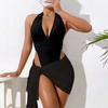 Custom Women Sexy Halter Bikinis Set Soild Swimsuit Cover Up Skirt String Beachwear Swimwear