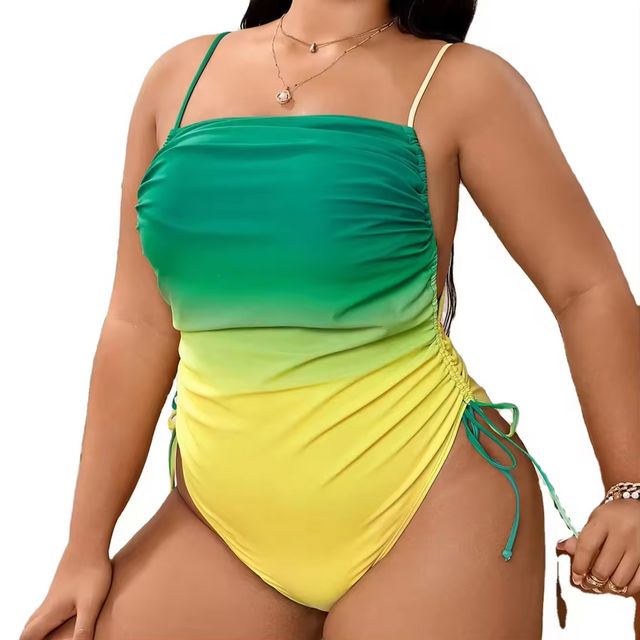 Large One Piece Swimsuit Gradient Color Print Side Lace-Up High Leg Swimwear Plus Size Beachwear Fat Women Swim Suit