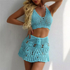 Women High Waist Crochet Swimsuit With Skirt Shell Hollow Out Swimwear Cover Up