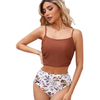 Solid Ruffle Trim Halter Bikini Top with Floral Printed High Waisted Bikini Bottom Beachwear