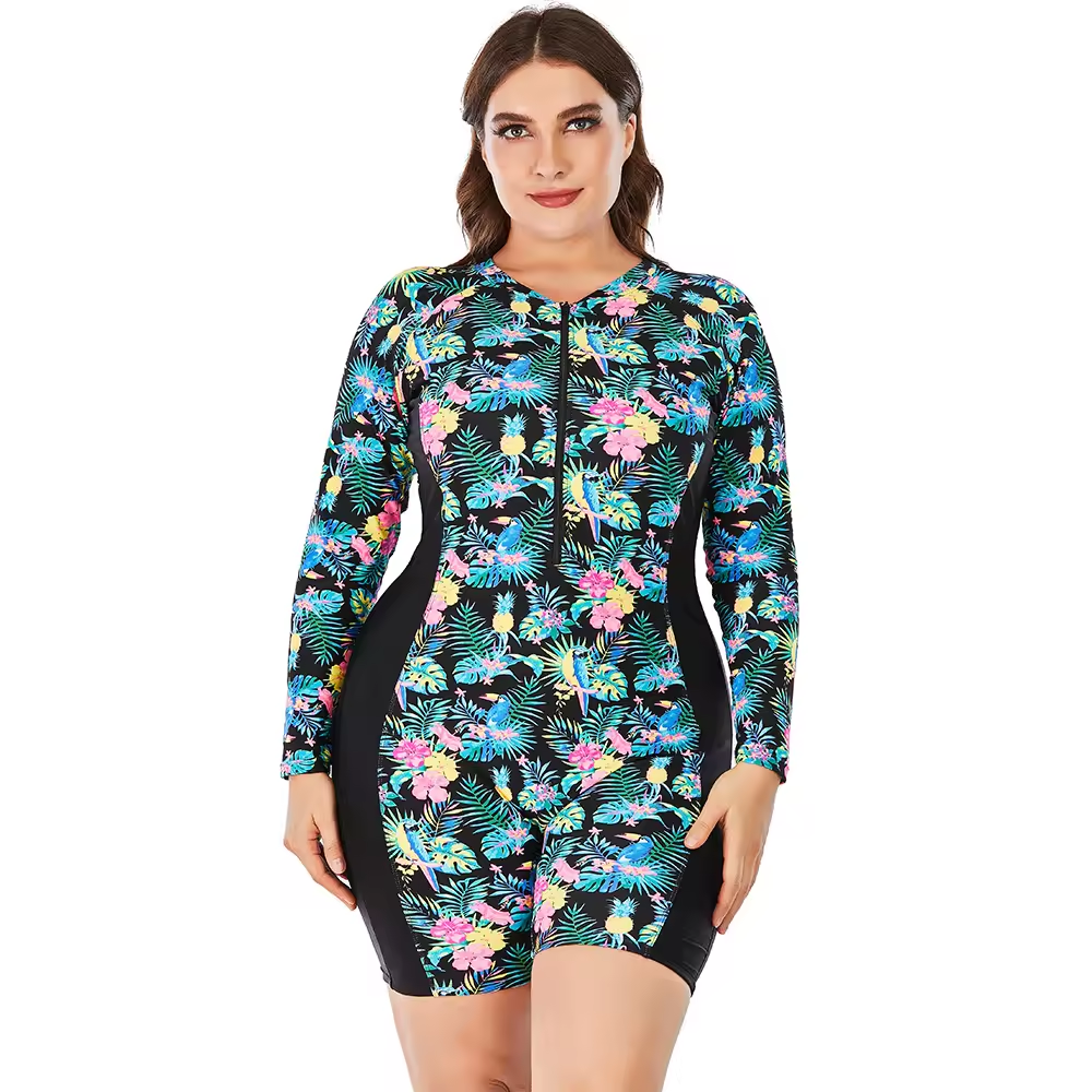 Plus Size One-Piece Swimsuit For Women Modest Print Plus Size Long Sleeve Swimwear
