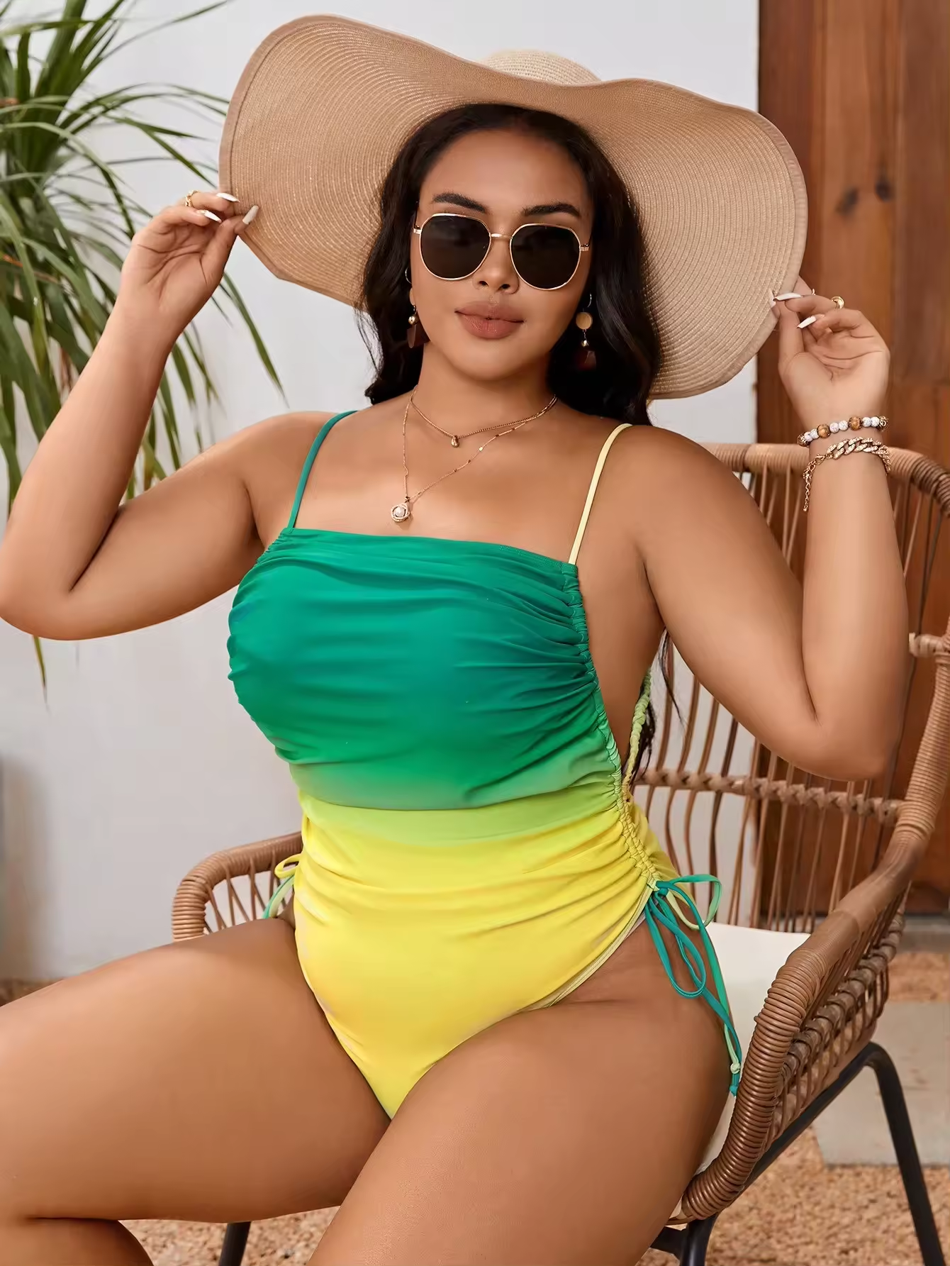 Large One Piece Swimsuit Gradient Color Print Side Lace-Up High Leg Swimwear Plus Size Beachwear Fat Women Swim Suit