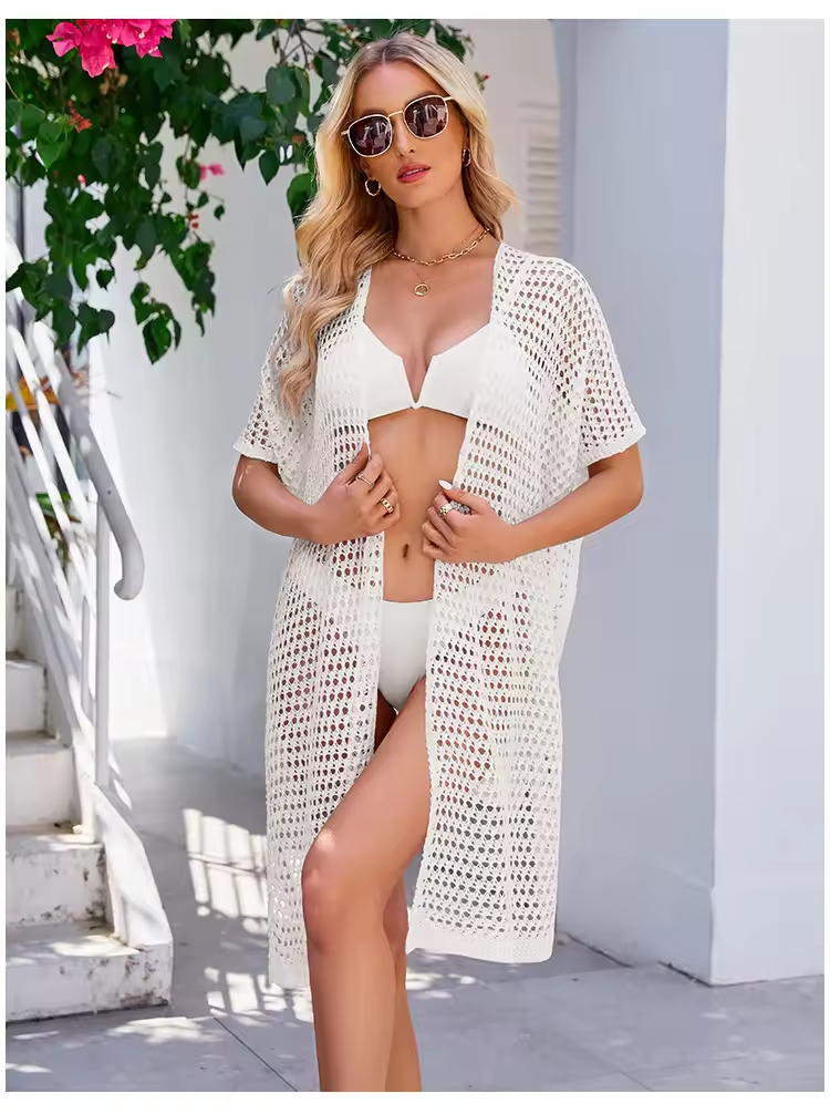 Sexy Hollow Knit Beach Out Holiday Knitted Tops Crochet Bikini Beach Cover Up Women's Tunic