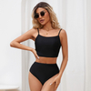 Solid Ruffle Trim Halter Bikini Top with Floral Printed High Waisted Bikini Bottom Beachwear