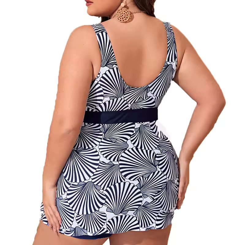 Plus Size Tankini Set Colorblock Two Piece Swimwear Shell Print Swimsuit High Stretch Modest Beach Bathing Suit